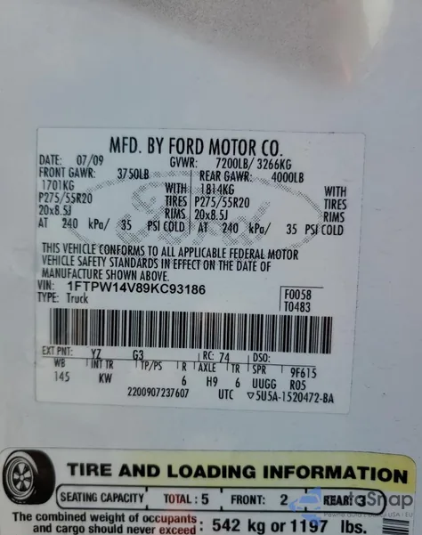 2009 Ford F150 Supercrew из США, поврежденный, VIN 1FTPW14V89KC93186